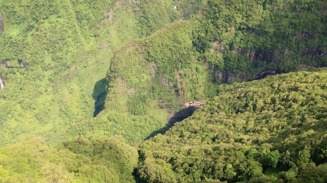 Aerial drone view of the Takamaka Waterfall, East of the Piton des Neiges massif, Reuinon Island