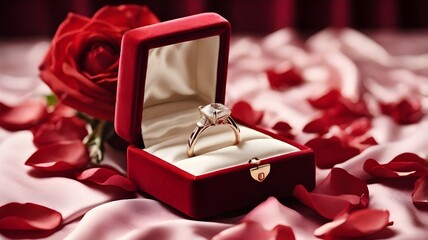 "A close-up of an engagement ring nestled in a red velvet box, placed on a silk fabric next to rose petals."
