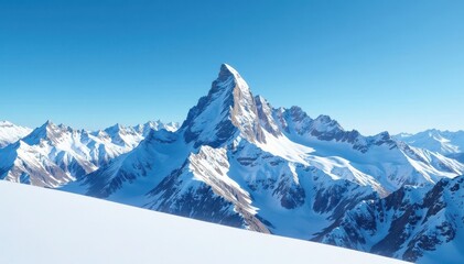 Obraz premium Serene mountain landscape with snow-covered peaks under a clear blue sky, snowy, peak