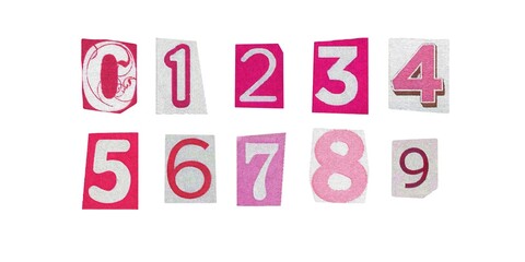 barbiecore set of cut-out numbers from magazines on a white background, cute retro y2k ransom style