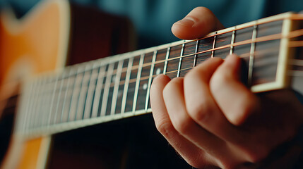 Fototapeta premium Playing acoustic guitar home studio music performance intimate setting close-up view passion for music