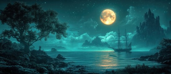 Enchanting moonlit seascape with a majestic sailing ship navigating through a tranquil mysterious coastal landscape under a dramatic starry night sky  The scene evokes a sense of adventure
