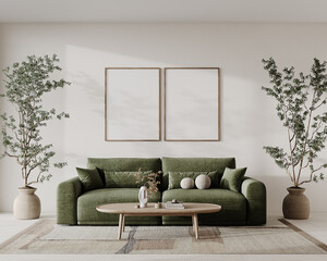 Modern minimalist living room in ethnic style side view of green sofa, wooden coffee table with decor, large windows, forest, green plants in pots, carpet on art frames on wall background