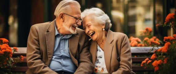 Happy Elderly Couple Sharing a Laugh on a Park Bench Surrounded by Flowers. Healthcare and Wellness. Grandparents' Day. Valentine's Day. International Day of Older Persons. 