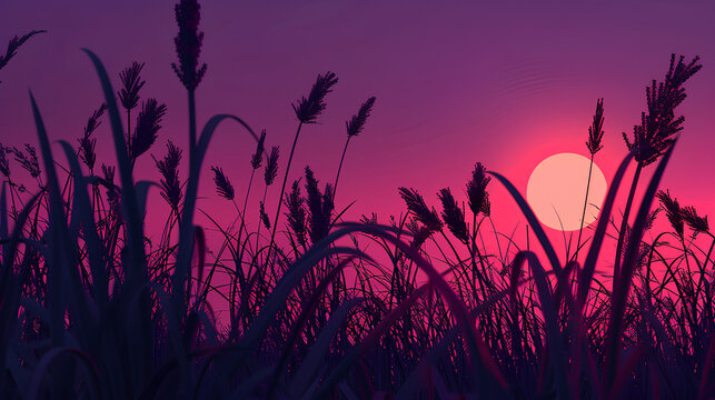 
In the sunset, tall grasses and plants with long leaves and black silhouettes against a purple sky, the sun is setting in the distance