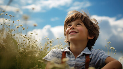 Smiling young boy lying in a sunlit field of flowers  looking at the blue  sky with clouds. Outdoor Childhood Education and Wellness. International Children’s Day. National Relaxation Day. 