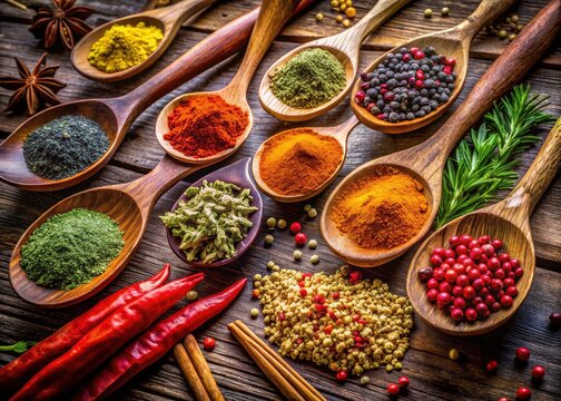 Wooden spoons brimming with spices: high-resolution food photography showcasing warm colors, textures, and culinary detail.