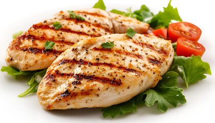Healthy keto, ketogenic lunch with grilled chicken meat and organic tomatoes and greens. Roasted chicken breast, fillet and fresh vegetable salad, white background, copy space