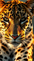 Obraz premium Close-up shot of a leopard's fur in the sunlight with individual hairs highlighted , sunlit, outdoors, natural light, relaxation, wildlife photography