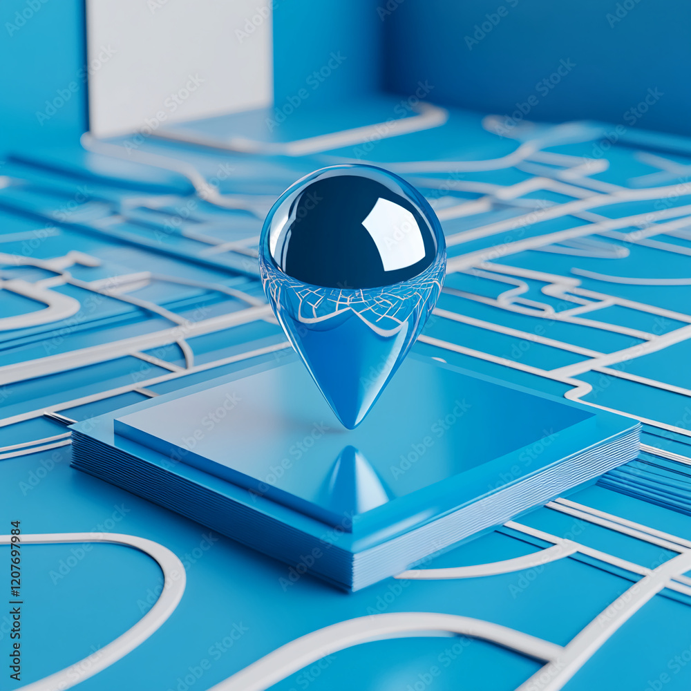 Poster Blue location pin on abstract map with 3D elements and geometric design