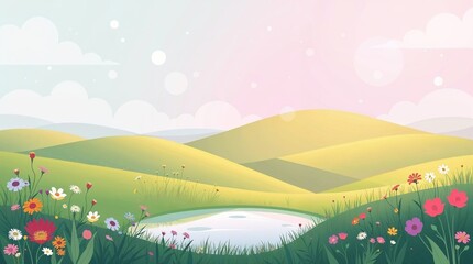 Fototapeta premium Cartoon spring landscape with flowers and pond, with copy space