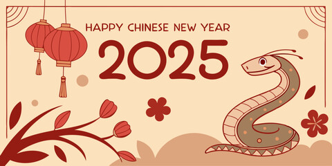 celebration of Chinese New Year 2025, highlighting the Year of the Snake. With bright colors and traditional elements like red lanterns and elegant snake motifs. Creaeted with generative AI.