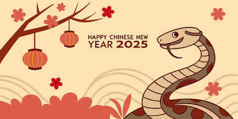 Fototapeta premium celebration of Chinese New Year 2025, highlighting the Year of the Snake. With bright colors and traditional elements like red lanterns and elegant snake motifs. Creaeted with generative AI.