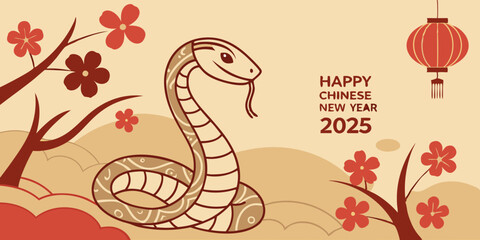 Fototapeta premium celebration of Chinese New Year 2025, highlighting the Year of the Snake. With bright colors and traditional elements like red lanterns and elegant snake motifs. Creaeted with generative AI.