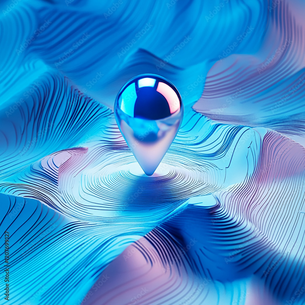 Poster glossy blue pin on abstract contour terrain with modern 3d topographic design
