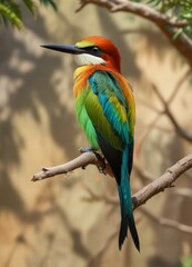 Obraz premium Bright plumage feathers on the back of a bee eater perched on a branch, fauna, birdwatching