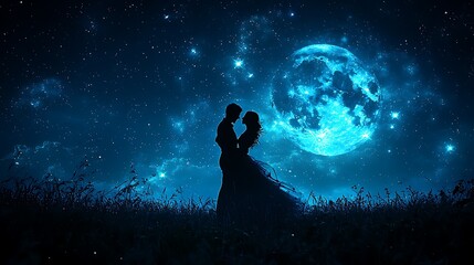 Naklejka premium Romantic Couple Silhouette Under Blue Moon and Starry Night Sky