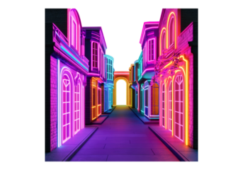 Photo of colorful neon street with building.