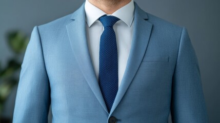 Blue Suit and Tie: A close-up of a businessman's blue suit and navy tie, symbolizing professionalism, success, and corporate style.  The sleek lines and sharp tailoring evoke confidence and authority.