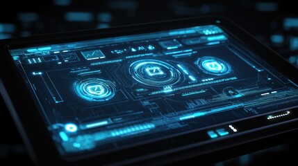 Obraz premium Futuristic Tech Tablet Display: Cybersecurity Interface