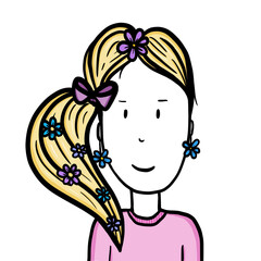 A cute cartoon illustration of a girl with ponytail, wearing floral earrings and flowers in her hair. 