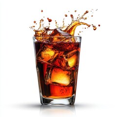 Refreshing Glass of Soda with Ice Cubes Splashing in Focus