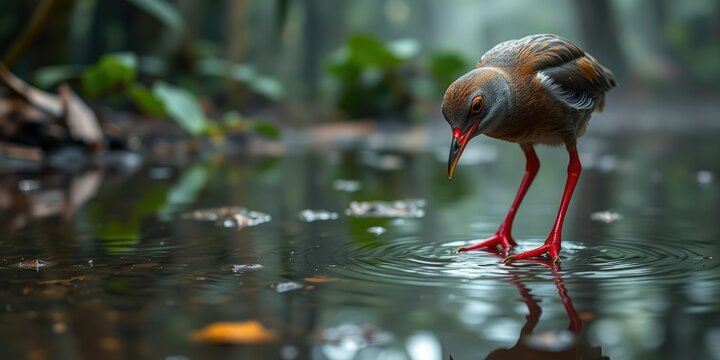 Close-up of red-legged crake's face and legs as it dips into puddle in misty rainforest atmosphere, beak, droplet, crake