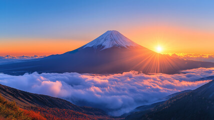 Scenic view from Mount Fuji at dawn, where the sun breaks through the clouds, embracing a fresh