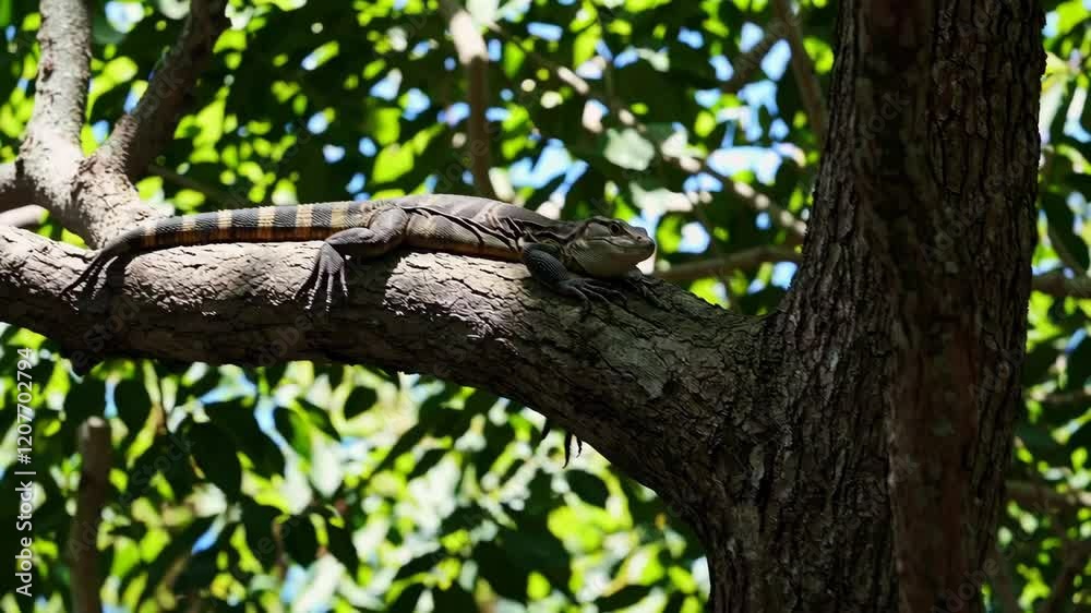 Poster lizard resting on a tree branch in a sunlit forest, nature and wildlife concept
