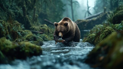 A bear catching a fish from a rushing river in a dense forest