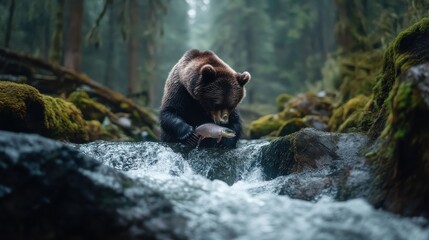 A bear catching a fish from a rushing river in a dense forest