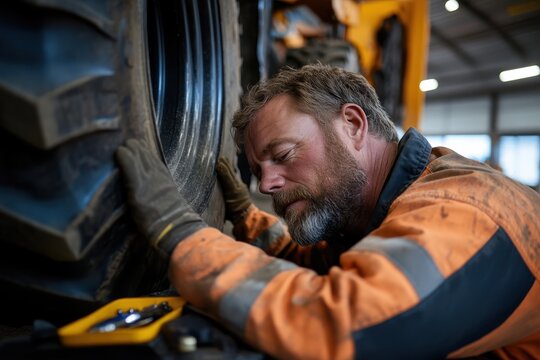 A skilled mechanic focused on repairing a large tire in an industrial workshop, showcasing dedication and craftsmanship in heavy equipment maintenance and repair services.