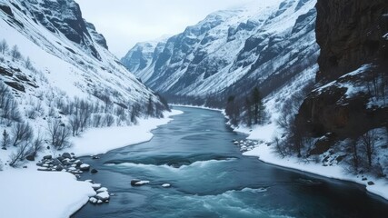 Fototapeta premium Arctic river flowing through a frozen valley, frozen river, arctic landscape