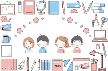 シンプルな文房具と学生のイラスト素材セット１
