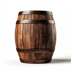 Fototapeta premium Wooden Barrel with Metal Bands on White Background for Stock Use