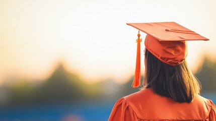 Graduation Day Celebration with Orange Cap and Gown at Sunset in Outdoor Ceremony Setting