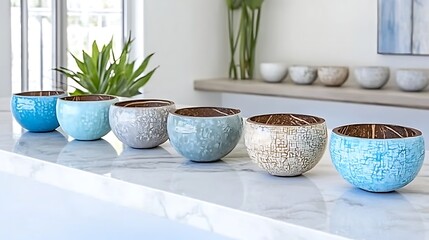 Fototapeta premium Coastal Blue White Crackle Glaze Coconut Bowls