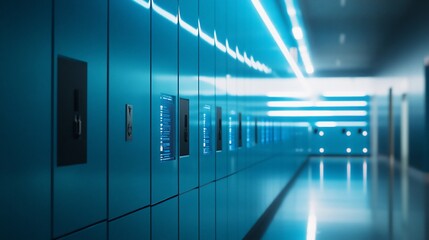 Blue lockers with illuminated screens line a hallway with neon lighting, creating a futuristic vibe