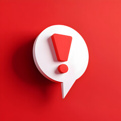 Modern 3d chat bubble with exclamation icon for urgent alert or social notification warning and important notice concept on vibrant red backdrop