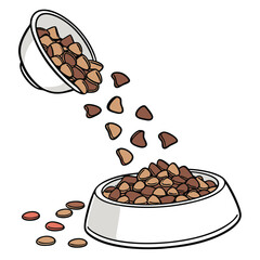  Dry Pet Food Falling into Bowl on White Background