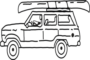Fototapeta premium Cartoon sketch of a car with a canoe on its roof rack.