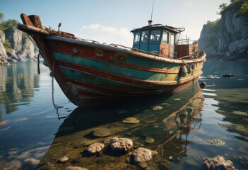 Fototapeta premium Barnacle-covered boat docked in shallow water, coastal scenery, sea spray