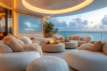 A private movie screening setup on a luxury yacht deck, with plush seating and a large outdoor screen under the stars