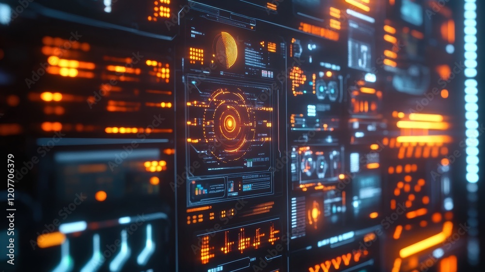 Poster futuristic head up display is showing complex data analysis and processing information using augment