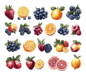 Different Fruits Set Modern Technique Illustration On White Unique Artwork Decorative Elements Artistic Visuals Modern Graphics Distinctive Art Style Fruit Variety Collection Fresh