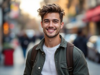 Fototapeta premium Portrait of Young Man with Backpack in Urban Setting