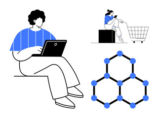 Person with laptop, shopping cart, and hexagonal network structure in blue and black. Ideal for themes e-commerce, technology, internet, online communication, connectivity, digital economy abstract