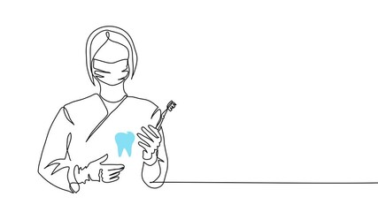 Dentist simple illustration with doctor,tooth and toothbrush animated illustration. One continuous self drawing line animation, footage for dental clinic