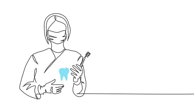 Dentist simple illustration with doctor,tooth and toothbrush animated illustration. One continuous self drawing line animation, footage for dental clinic - Powered by Adobe