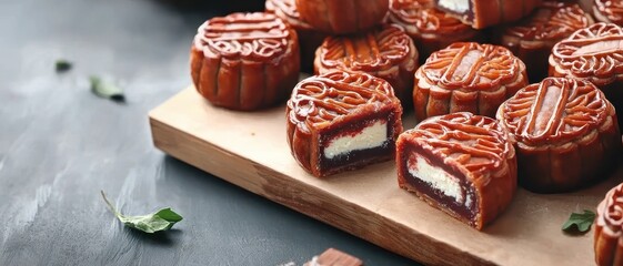 Delicious mooncakes displayed on a wooden board.